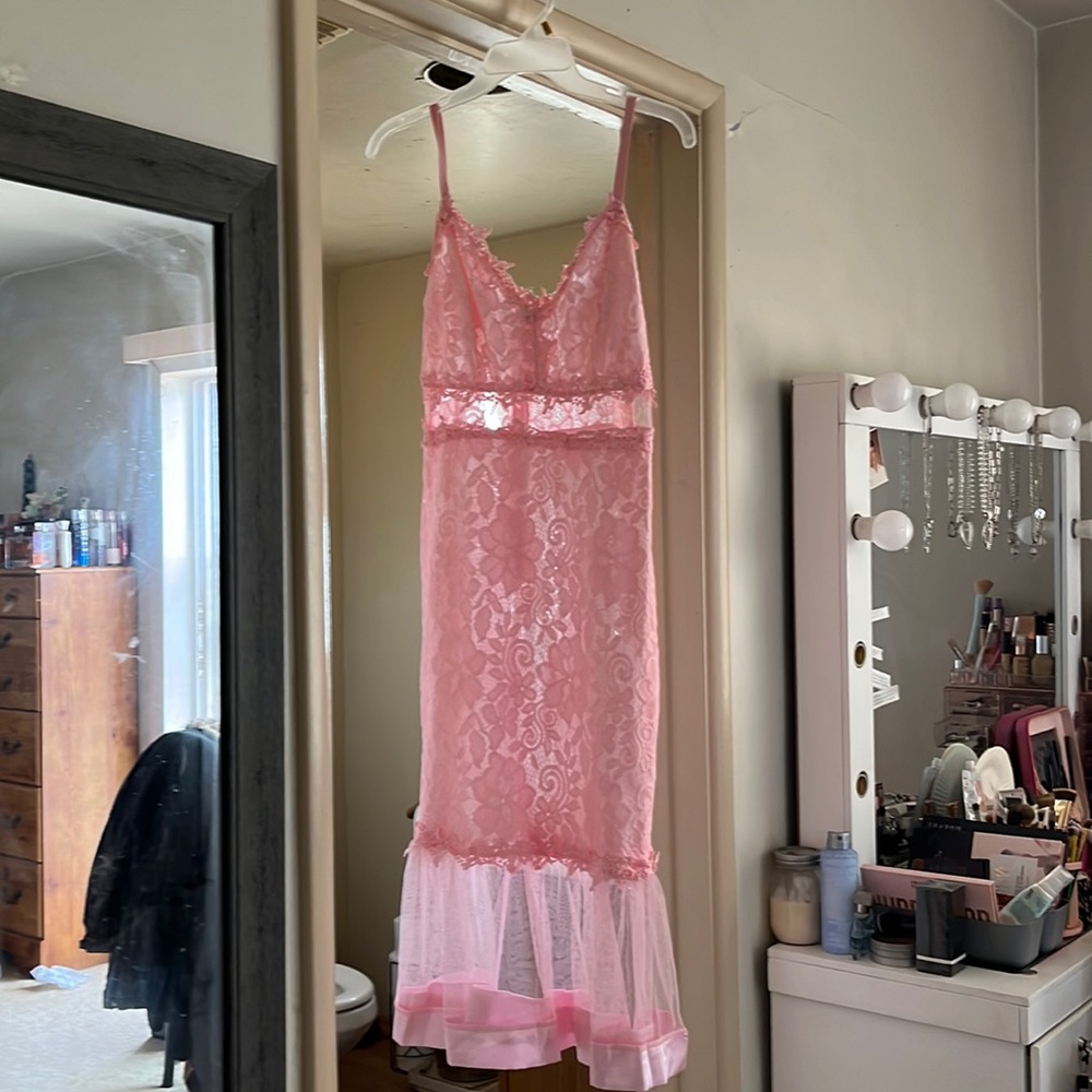 Pink lace and sheer skinny strap dress with beautiful peekaboo spots Sz L